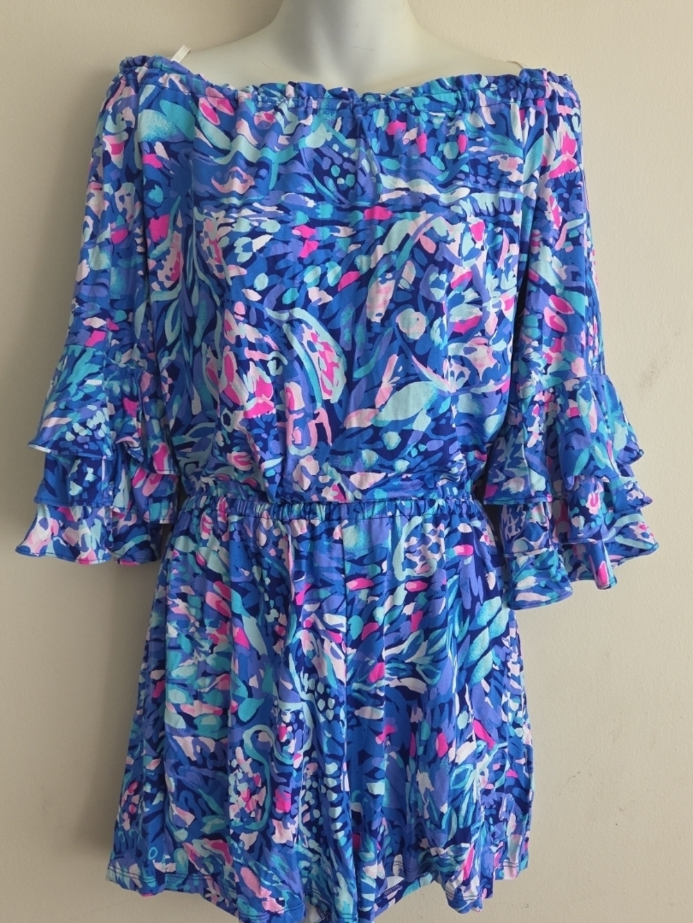 Lilly Pulitzer Blue Multi Floral Off-Shoulder Romper Sz Small Tropical/beach